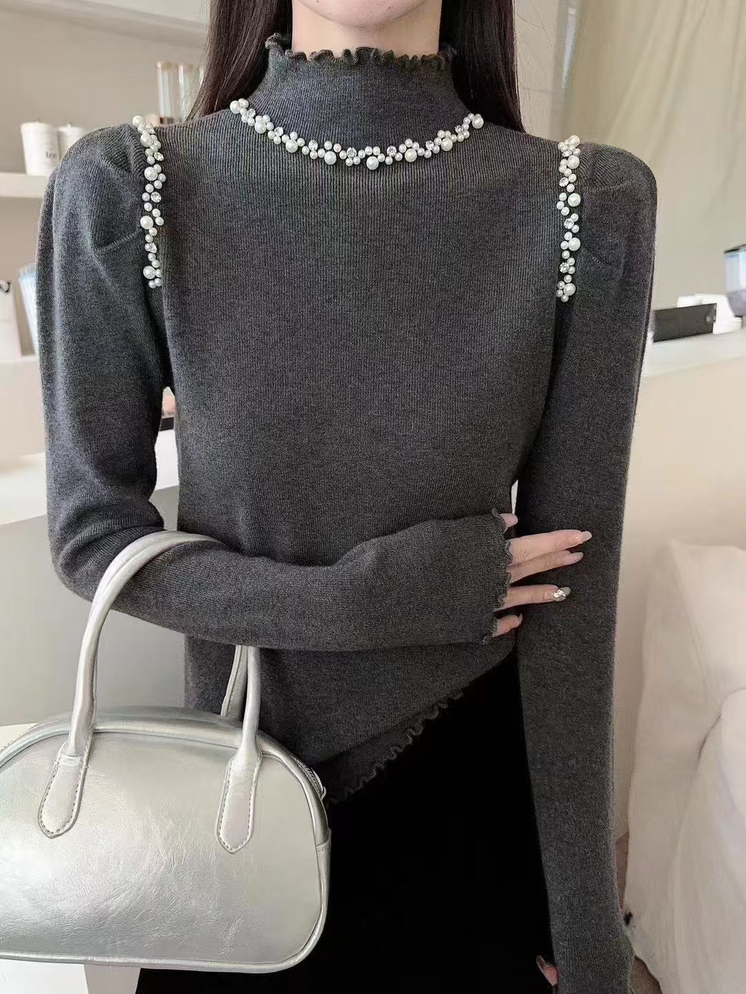 PF29343# 半高领重工钉珠毛衣女内搭长袖针织打底衫上衣潮女裝貨源服裝批發
