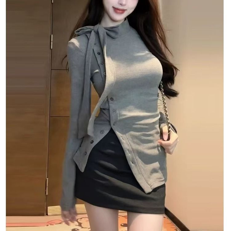 PF29359# 螺纹德绒 原版做法法式系带中领打底衫女秋冬加厚德绒长袖T恤女裝貨源服裝批發