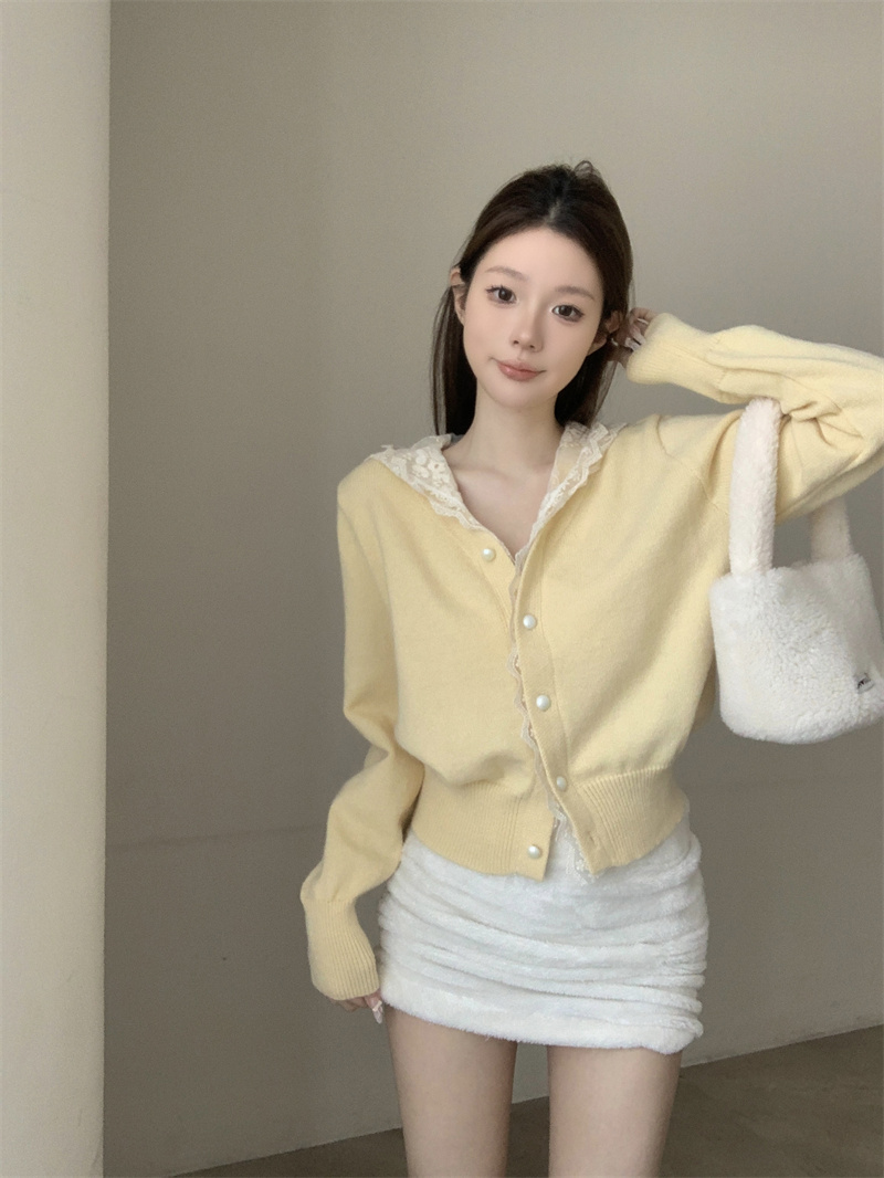 PF29551#温柔风设计感蕾丝连帽针织开衫女奶呼呼软糯长袖上衣女裝貨源服裝批發