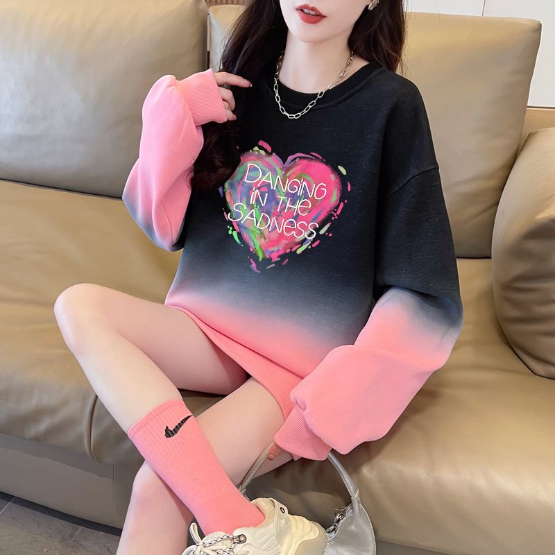 PF29655#仿华棉复合银狐绒厚+后包领薄全件压线渐变色圆领卫衣女女裝貨源服裝批發