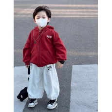 批发秋冬装加绒厚款字母印花男女儿童装连帽拉链开衫红色卫衣外套宽松