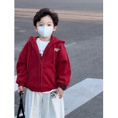 批发秋冬装新款加绒字母印花男女儿童装连帽开衫红色卫衣外套宽松潮牌