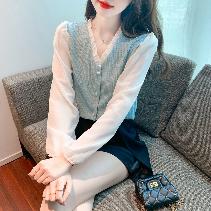 PF29461#V领拼接长袖雪纺衬衫女新款减龄百搭上衣洋气小衫女裝貨源服裝批發
