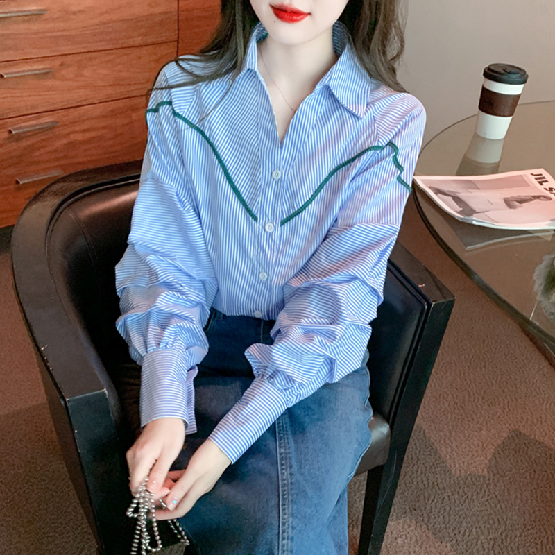 PF29460#洋气polo领长袖衬衫女新款时尚百搭女士衬衣上衣潮女裝貨源服裝批發