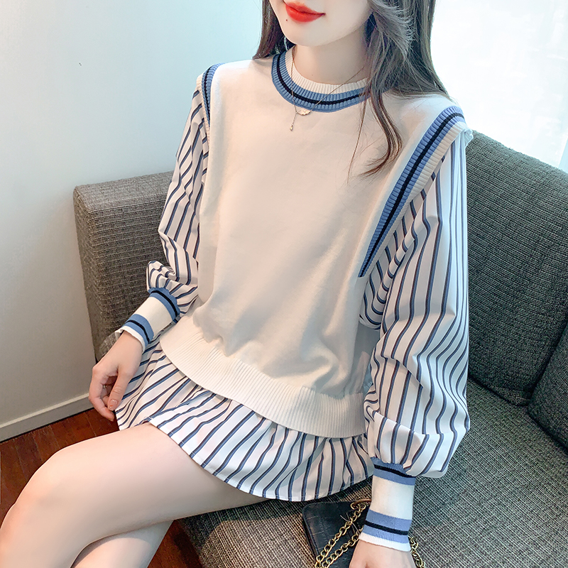 PF29391#法式撞色条纹拼接针织衬衫新款时尚宽松显瘦上衣女裝貨源服裝批發