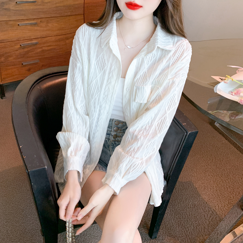 PF29459#polo领长袖衬衫开衫外套宽松百搭薄款上衣外套防晒女裝貨源服裝批發