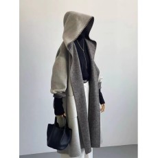批发日系轻奢设计师款双面羊绒连帽大衣女2025秋冬季灰色渐变长款外套