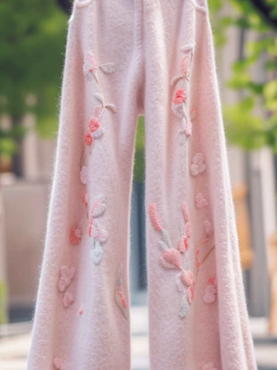 새로운 중식 국풍 자수 롱 바지 핑크색 모직 스트레이트 넓은 다리 하이웨이스트 바지 캐주얼 여성 봄 가을 새로운