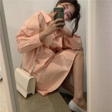 批发chic韩风慵懒<b class='q'>宽松</b>单排扣糖果色纯色长袖<b class='q'>连衣裙</b>