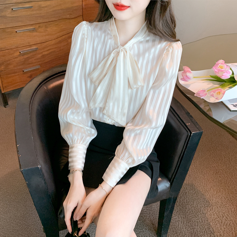 PF29589#条纹衬衫女气质飘带蝴蝶结长袖雪纺衫上衣职业衬衣女裝貨源服裝批發