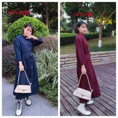 批发实拍韩版宽松异色线连衣裙送腰带