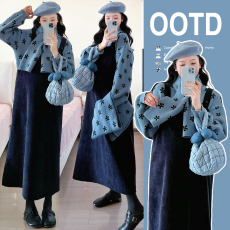 批发实拍~2025秋冬针织套装花朵毛衣围脖+灯芯绒背带裙三件套8446