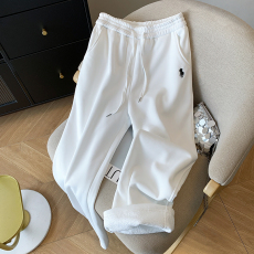 批发实拍 白色加绒加厚刺绣卫裤女冬休闲抽绳运动阔腿裤