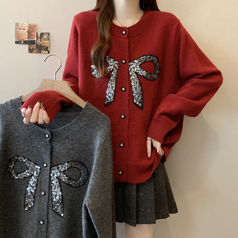 PF29568#新款胖mm大码露丝同款亮片蝴蝶结装饰加厚毛织开衫女裝貨源服裝批發