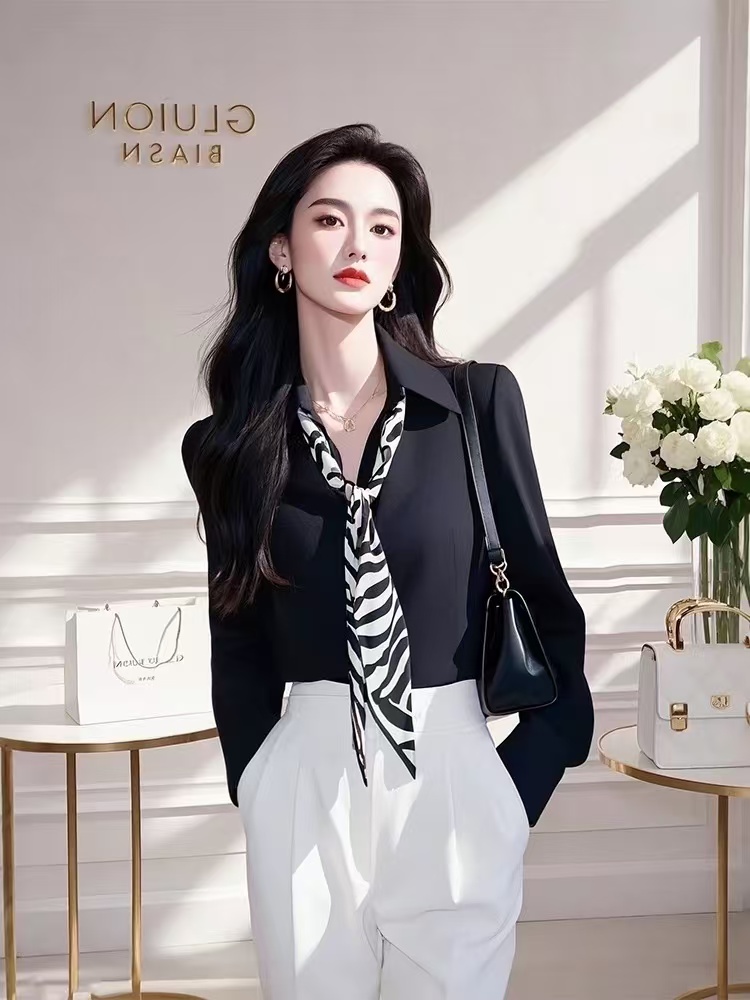 PF29579#黑色翻领职业衬衫女新款收腰显瘦内搭叠穿衬衣女裝貨源服裝批發