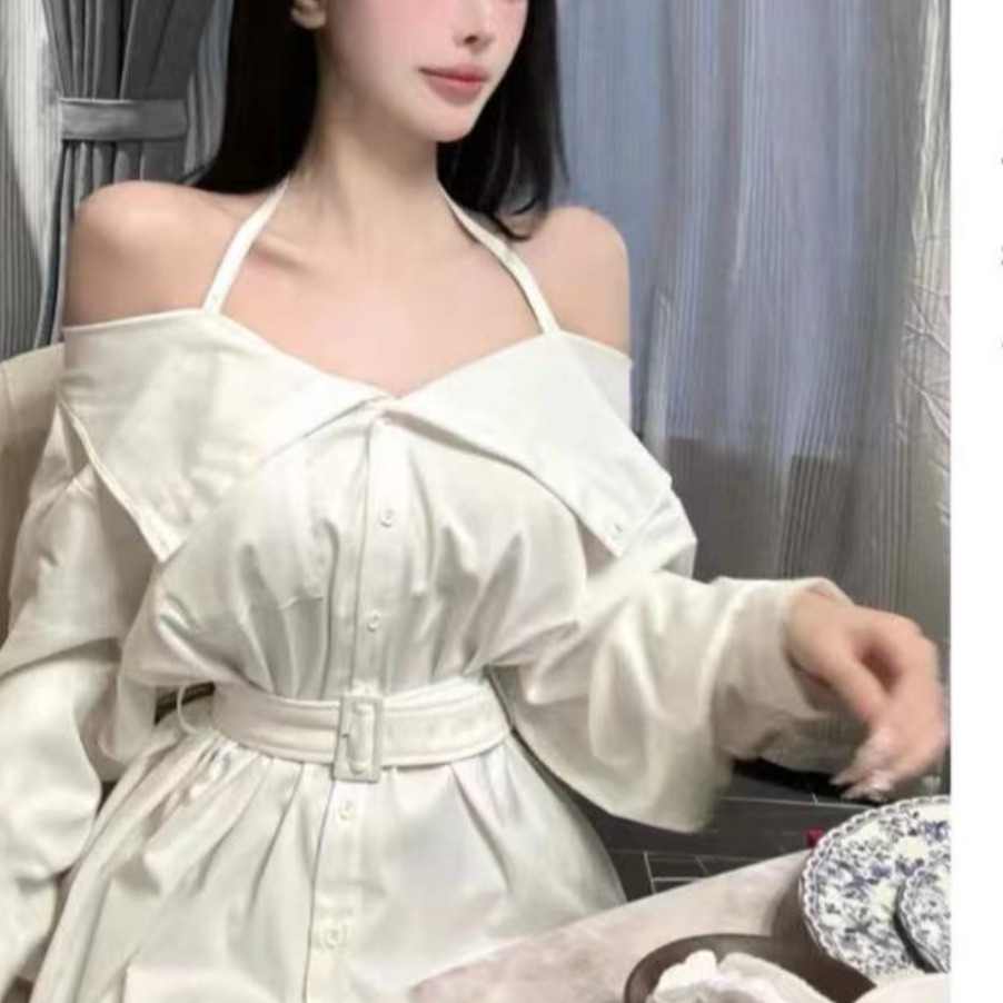 PF29516#纯欲挂脖露肩吊带衬衫新款修身显瘦性感设计感小众长袖上衣女裝貨源服裝批發