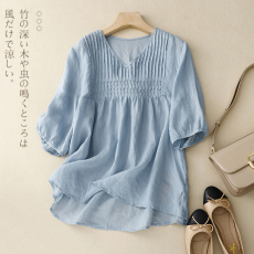 批发夏季棉麻娃娃衫宽松五分袖<b class='q'>T</b><b class='q'>恤</b>女装新品V领百搭衬衫