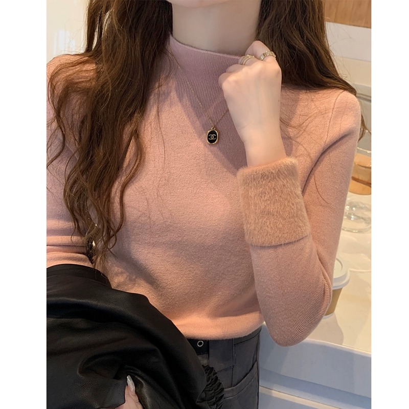 PF29580# 粉色毛衣女2025冬半高领加厚一体绒保暖内搭上衣别致针织打底衫女裝貨源服裝批發
