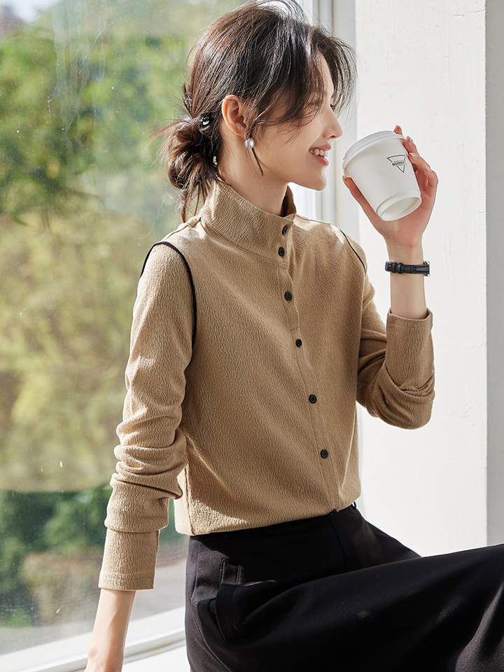 있음 선적 실사 2026 겨울 새로운 몸매 가꾸기 다용도 패치워크 긴팔 셔츠 여성 셔츠