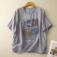 批发夏季新款棉麻圆领印花休闲百搭宽松显瘦薄款娃娃衫<b class='q'>T</b><b class='q'>恤</b>女