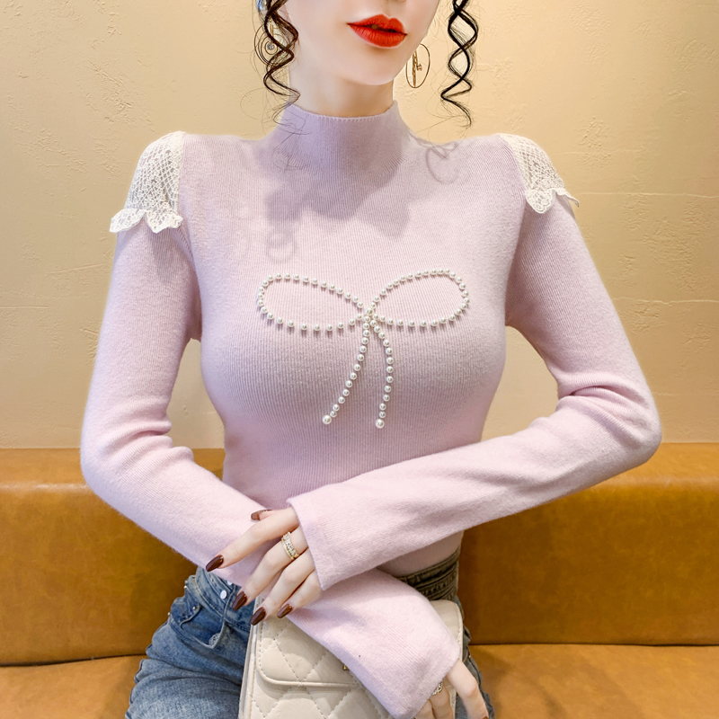 PF29582#法式氛围感气质珍珠蝴蝶结修身针织衫上衣女修身毛衣女裝貨源服裝批發