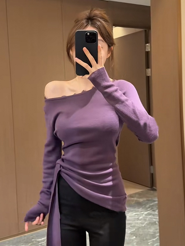 PF29511#紫色修身收腰长袖不规则开叉褶皱T恤纯欲性感上衣女女裝貨源服裝批發