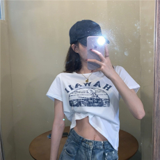 批发外贸韩版短款甜辣妹风上衣女chic露脐bm风美式复古短袖T恤女ins潮
