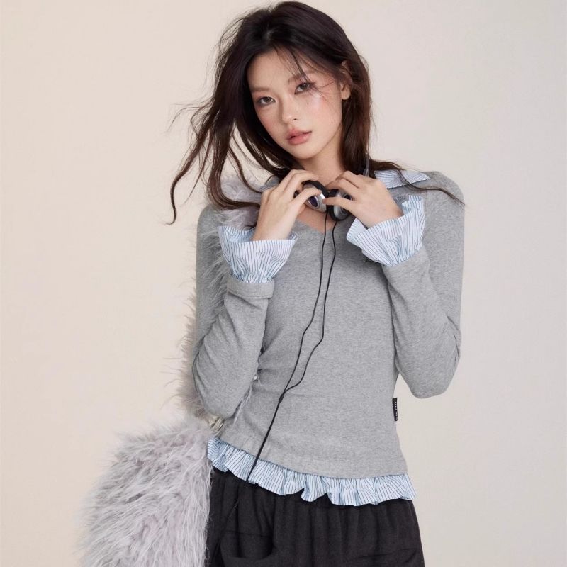 PF29531#时髦设计感辣妹V领上衣新品小众拼接假两件长袖T恤女裝貨源服裝批發