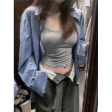 批发港式复古蓝色格子长袖衬衫<b class='q'>外套</b>女春秋季2026新款早春外搭休闲衬衣