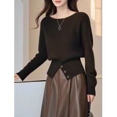 秋冬洋气纯色简约下摆开叉设计感长袖上衣优雅气质减龄内搭打底衫