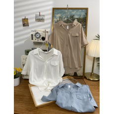 批发夏季新品韩版气质纯色口袋装饰翻领短袖简约OL风百搭女<b class='q'>衬衫</b>