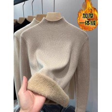 批发品质秋冬加绒毛衣女加厚一体绒修身半高领套头打底针织衫保暖上衣