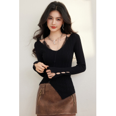 批发实拍◆设计感不规则蕾丝拼接针织衫2026春女辣妹打底衫上衣