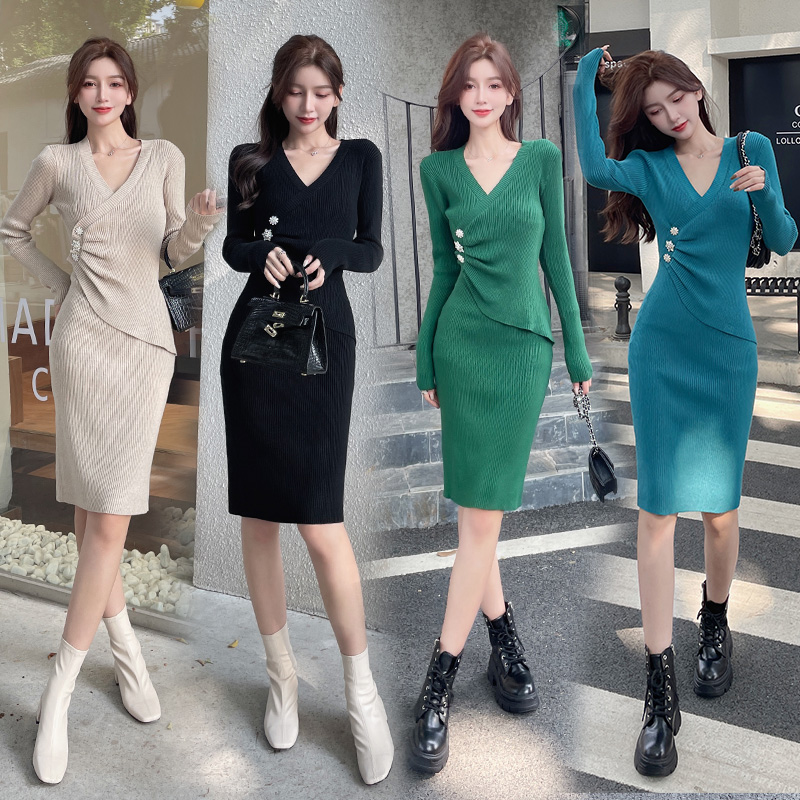 PF29666#时尚针织连衣裙女新款赫本风宴会裙名媛包臀裙子 5色女裝貨源服裝批發