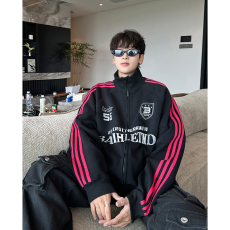 批发原版质量 美式复古机车三条杠开衫卫衣男春秋街头小众运动外套潮