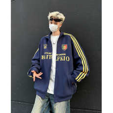 批发原版质量 美式复古条纹开衫卫衣男女宽松运动风棒球服休闲外套