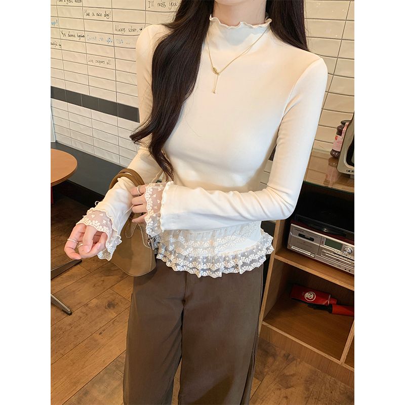 PF29534#长袖t恤女装春秋蕾丝修身打底衫木耳边领上衣女裝貨源服裝批發