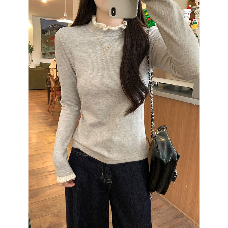 PF29533#绵羊绒磨毛长袖t恤女装假两件潮春秋修身打底衫圆领上衣女裝貨源服裝批發