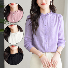 批发春装新款木耳边立领<b class='q'>女士</b>针织提花蕾丝<b class='q'>衬衫</b>设计感洋气百搭<b class='q'>长袖</b>上衣