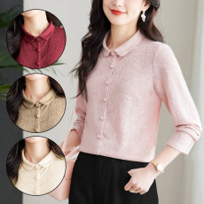 批发春季新款<b class='q'>女士</b><b class='q'>衬衫</b>POLO领开衫提花蕾丝宽松洋气<b class='q'>长袖</b><b class='q'>衬衫</b>气质上衣