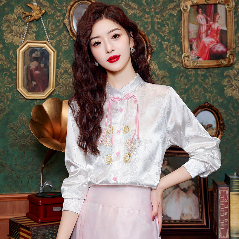 MY2226# 新中式国风重工刺绣复古提花衬衫禅意盘扣上衣女裝貨源服裝批發