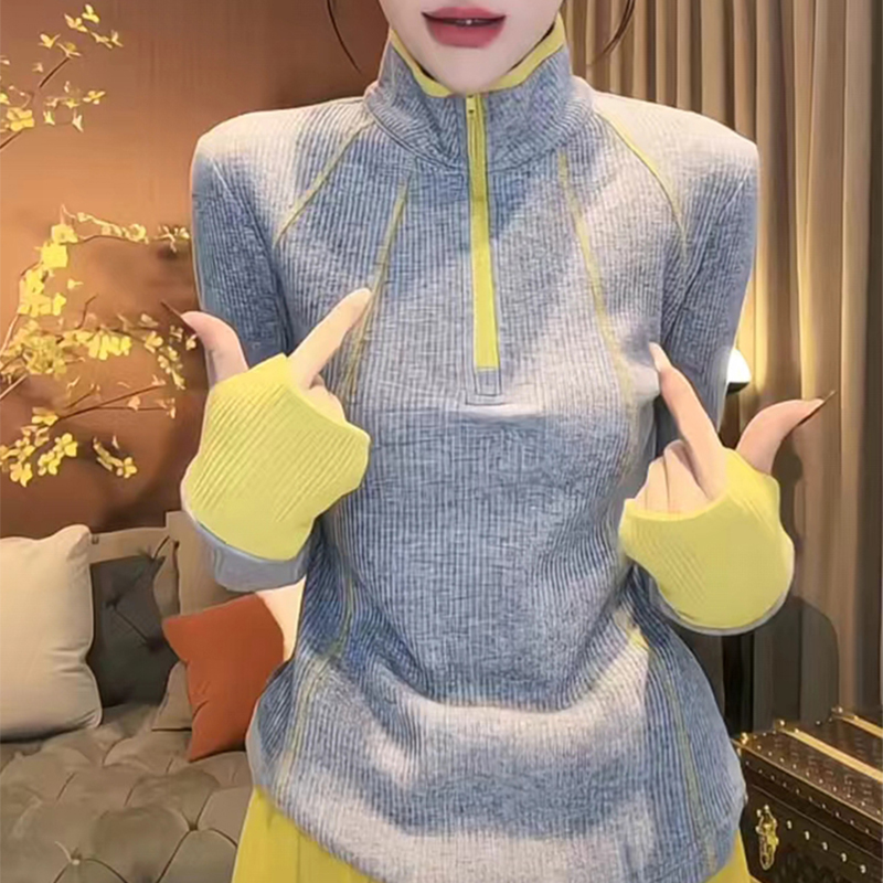 PF29574# 撞色半拉链立领长袖T恤女上衣新款显瘦加厚磨毛打底衫女裝貨源服裝批發