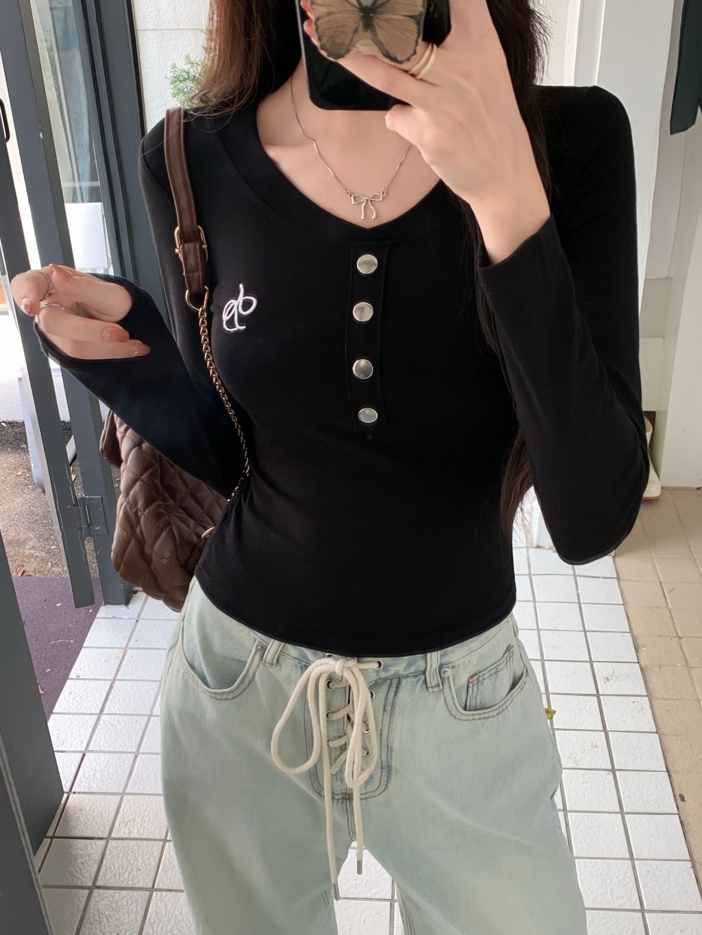 PF29760#复古长袖T恤女春秋辣妹修身显瘦打底上衣女裝貨源服裝批發