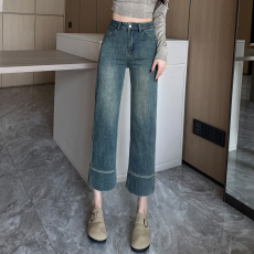 批发2026年秋冬季微弹牛仔<b class='q'>绣花</b>直阔腿裤女145CM娇小个子