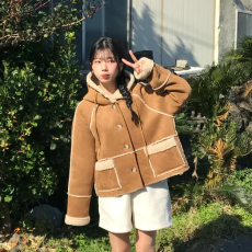 批发现货 推荐 少女 羊羔毛外套 皮毛一体连帽 毛呢外套