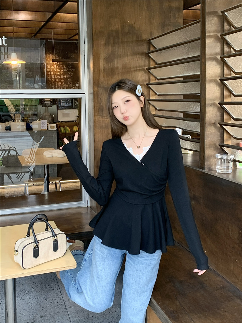 실사 빅 사이즈 여성 의류 봄 한국 스타일 디자인 센스 레이스 측면 V넥 슬림해 보이는 허리 수축 맨위 표지 고기 슬림해 보이는 인사이드 가져 가라.