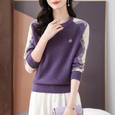 批发时尚针织长袖t恤女打底衫洋气内搭短款圆领拼色上衣