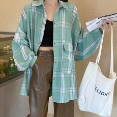批发实拍韩版春秋大口袋格子衬衫原宿风chic设计感休闲宽松外套女衬衣