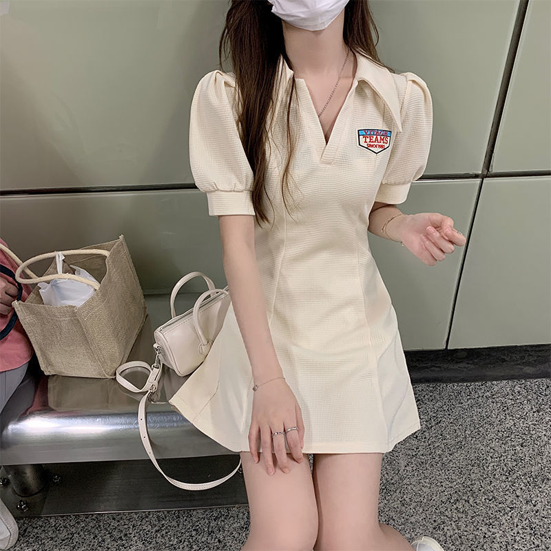 PF29670#华夫格polo领连衣裙女夏季新款字母甜辣收腰显瘦短袖A字裙学院女裝貨源服裝批發