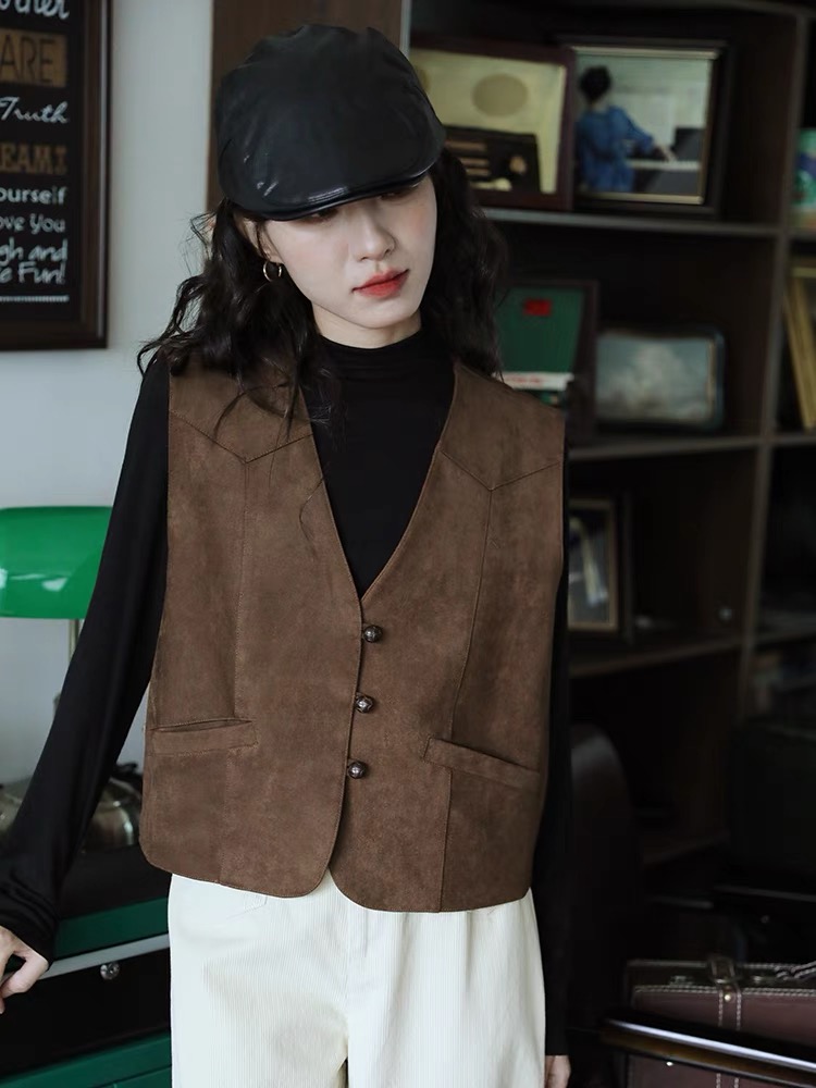 2025 비 실사 봄 새로운 스웨이드 원단 레트로 조끼 여자 V넥 다용도 항구 바람 조끼 재킷 맨위 트렌디